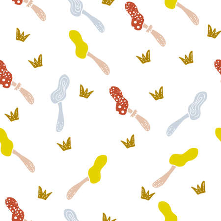 Doodle seamless pattern of multicolored mushrooms and grass. Perfect for scrapbooking, greeting card, textile and prints. Cartoon style hand drawn vector illustration.のイラスト素材