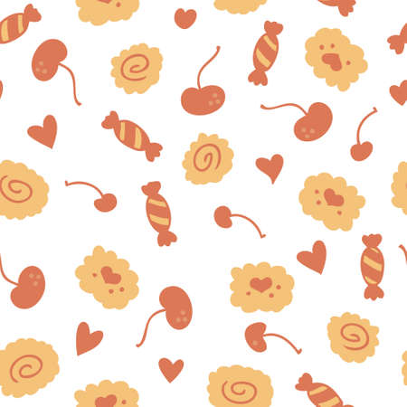 Cartoon style doodle seamless pattern of cookies, candies and cherries. Perfect for scrapbooking, textile and prints. Hand drawn vector illustration for decor and design.のイラスト素材