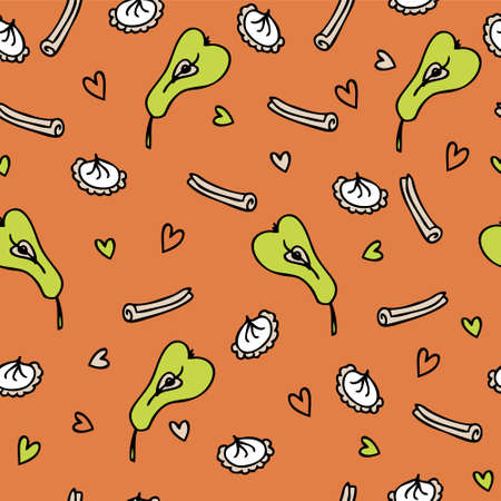 Doodle seamless pattern of sweet cream cakes and pears. Perfect for scrapbooking, textile and...