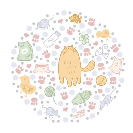 Round pattern of cute kitty, cat care elements and round spots. Perfect for scrapbooking, textile and prints. Hand drawn vector illustration for decor and design.のイラスト素材