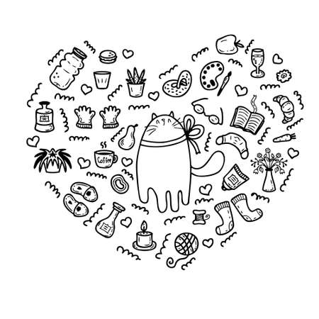 Heart-shaped pattern of elements of self-care and cat. Perfect for scrapbooking, textile and prints. Hand drawn vector illustration for decor and design.のイラスト素材