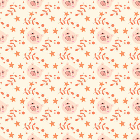 Pandas, leaves and stars seamless pattern. Perfect for scrapbooking, greeting card, textile and prints. Hand drawn illustration.の写真素材