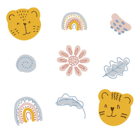 A set of elements in pastel colors tiger muzzles, flowers and leaves. Perfect for scrapbooking, textile and prints. Hand drawn vector illustration for decor and design.のイラスト素材