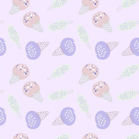 Seamless pattern tasty sweet delicious ice creams. Design for T-shirt, textile and prints. Hand drawn illustration for decor and design.の写真素材