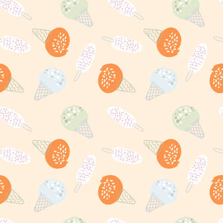 Seamless pattern tasty delicious orange ice creams. Design for T-shirt, textile and prints. Hand drawn illustration for decor and design.の写真素材