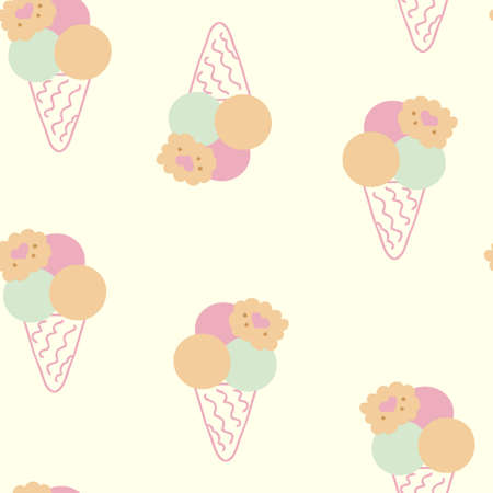 Seamless pattern of ice creams decorated with cookies in summer pastel color. Design for T-shirt, textile and prints. Hand drawn vector illustration for decor and design.のイラスト素材