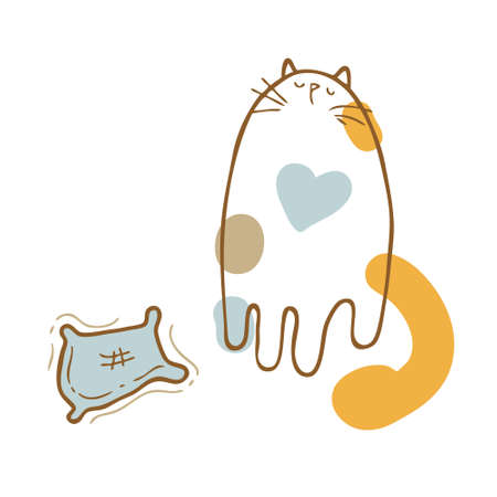 Hand drawn vector illustration of three-colored cute kitten and cats toy. Perfect for scrapbooking, greeting card, poster, textile and prints. Doodle style illustration for decor and design.のイラスト素材