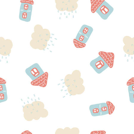 Tender summer seamless pattern of houses and rainy clouds. Design for T-shirt, textile and prints. Hand drawn vector illustration for decor and design.のイラスト素材