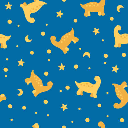 Hand drawn vector seamless pattern of yellow dinosaurs in the night sky. Perfect for scrapbooking, greeting card, poster, textile and prints. Doodle style illustration for decor and design.のイラスト素材