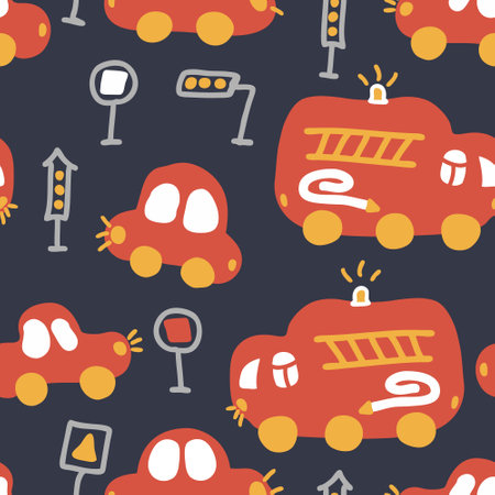 Night vector seamless pattern of traffic cars and fire trucks. Perfect for scrapbooking, poster,...