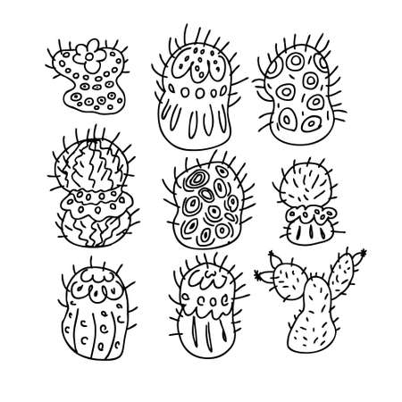 Doodle vector collection of cacti in monochrome. Perfect for T-shirt, textile and prints. Hand drawn illustration for decor and design.のイラスト素材