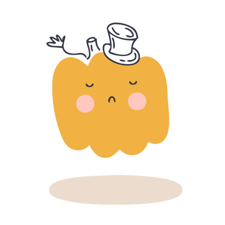 Doodle Halloween illustration of pumpkin in top hat. Perfect for T-shirt, textile and prints. Hand drawn vector illustration for decor and design.のイラスト素材