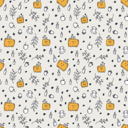 Seamless pattern with pumpkins and autumn elements. Perfect for scrapbooking, poster, textile and prints. Hand drawn illustration for decor and design.の写真素材