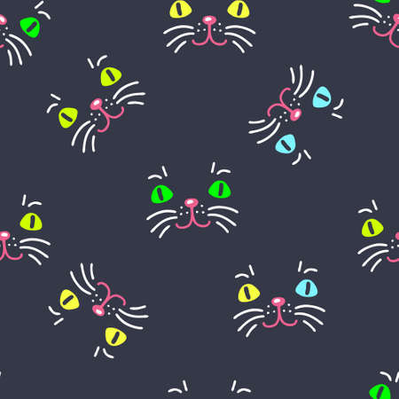 Night seamless pattern with cute cat muzzles. Perfect for T-shirt, textile and prints. Doodle vector illustration for decor and design.のイラスト素材