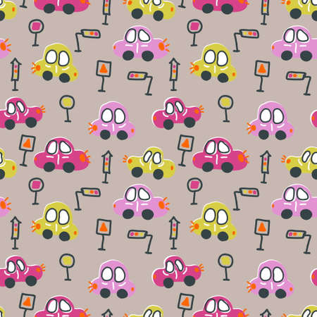Bright multicolor seamless pattern of traffic cars and road signs. Design for T-shirt, textile and prints. Hand drawn illustration.の写真素材