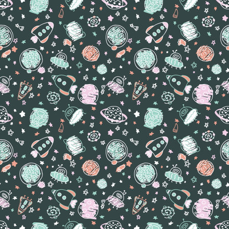 Night seamless pattern of rockets and planets in space. Perfect for T-shirt, textile and prints. Hand drawn illustration for decor and design.の写真素材