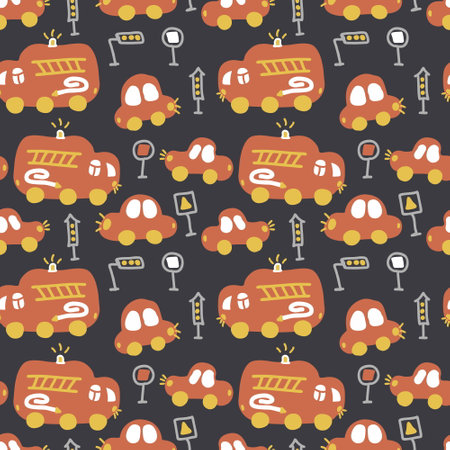 Night seamless pattern of traffic cars and fire trucks. Perfect for scrapbooking, poster, textile and prints. Hand drawn illustration for decor and design.の写真素材