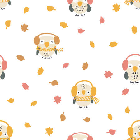 Hand drawn seamless pattern with owls in headset and autumn leaves fall. Perfect for T-shirt, textile and prints. Cartoon style vector illustration for decor and design.のイラスト素材