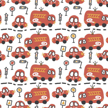 Free hand drawing seamless pattern of traffic cars and fire trucks. Perfect for scrapbooking, poster, textile and prints. Hand drawn illustration for decor and design.の写真素材