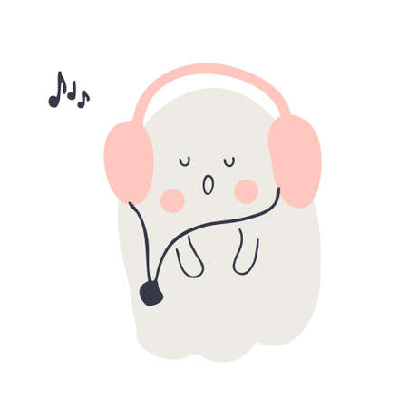 Halloween doodle of singing ghost in headphones. Perfect for scrapbooking, greeting card, party invitation, poster and prints. Hand drawn vector illustration for decor and design.のイラスト素材