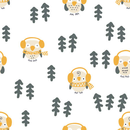 Hand drawn winter seamless pattern with owls in headset and christmas trees. Perfect for T-shirt, textile and prints. Cartoon style vector illustration for decor and design.のイラスト素材