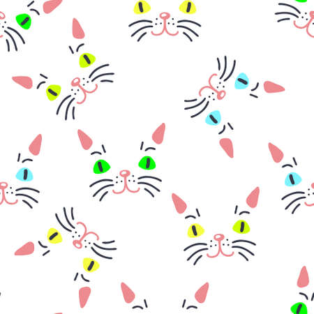 Light seamless pattern with cute cat faces. Perfect for T-shirt, textile and prints. Doodle vector illustration for decor and design.のイラスト素材