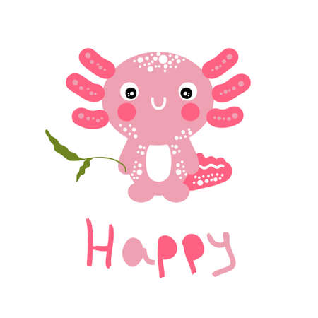 Cartoon style happy pink axolotl illustration. Perfect for T-shirt, textile and prints.のイラスト素材