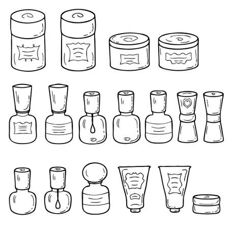 Hand drawn retro style cosmetic jars collection. Doodle vector illustration for decor and design.のイラスト素材