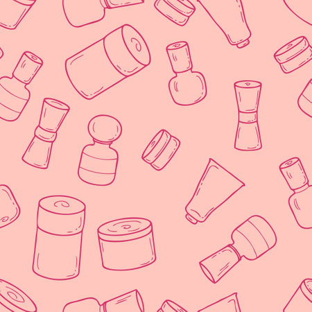 Hand drawn retro style cosmetic jars seamless pattern. Perfect for scrapbooking, poster, textile and prints. Doodle vector illustration for decor and design.のイラスト素材