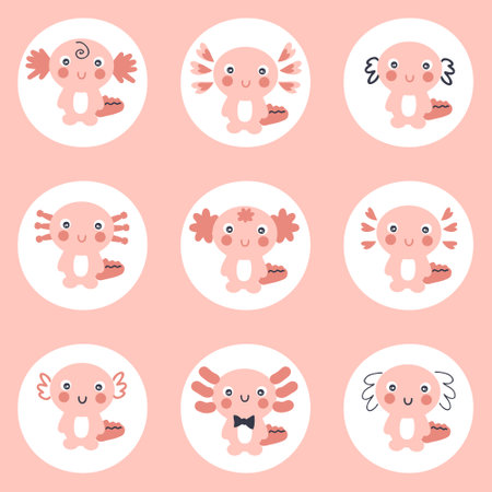 Hand drawn axolotls stickers collection. Perfect for instagram story highlight. Cartoon style vector set of nine cute reptiles illustration.のイラスト素材