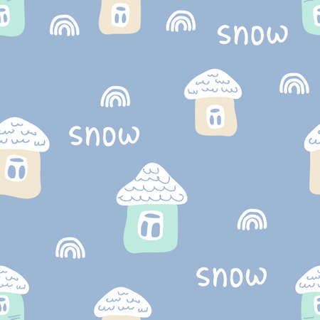 Cartoon style winter seamless pattern with houses, snowdrifts and text SNOW. Perfect for T-shirt, textile and prints. Hand drawn vector illustration for decor and design.のイラスト素材
