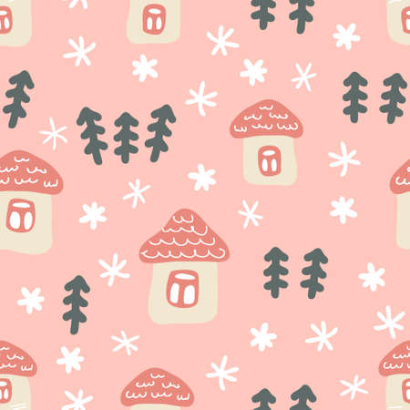 Hand drawn winter seamless pattern with houses, Christmas trees and snowflakes. Perfect for T-shirt, textile and prints. Cartoon style vector illustration for decor and design.のイラスト素材