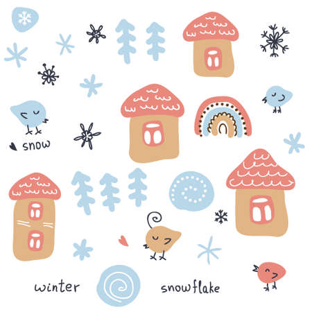 Doodle winter collection of houses, Christmas trees, birds and snowflakes. Perfect for poster, greeting card and prints. Hand drawn vector illustration for decor and design.のイラスト素材