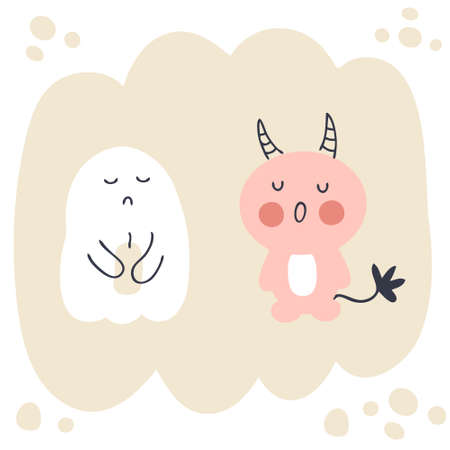 Hand drawn sad ghost and demon blowing out a candle. Perfect for poster textile and print. Cartoon style vector illustration for decor and design.のイラスト素材