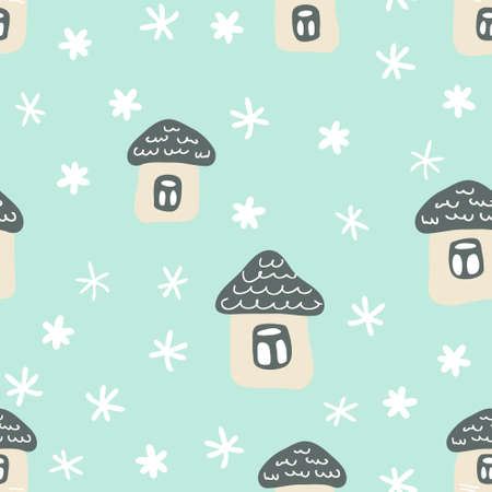 Hand drawn winter seamless pattern with houses and snowflakes. Perfect for T-shirt, textile and prints. Cartoon style vector illustration for decor and design.のイラスト素材