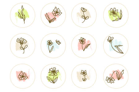 story highlight icons set of doodle elements with flower and leaf. Icon design for floral shop, eco product. Hand drawn vector illustrationのイラスト素材