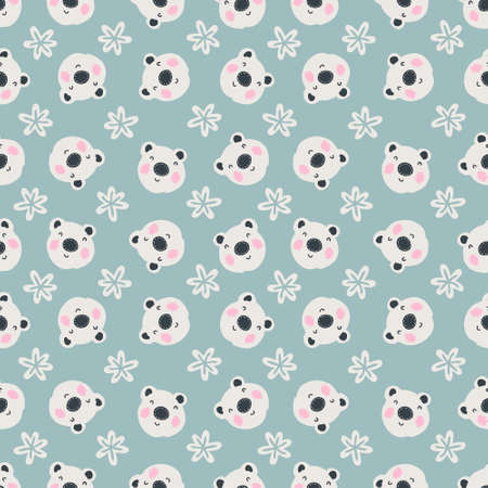 Seamless winter pattern with polar bears and snowflakes. Perfect for T-shirt, textile and prints. Hand drawn illustration for decor and design.の写真素材