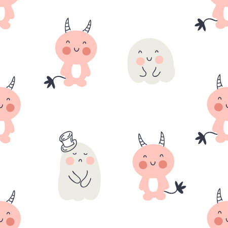 Halloween seamless pattern with  ghosts and devils. Perfect for T-shirt, textile and prints. Hand drawn vector illustration for decor and design.のイラスト素材