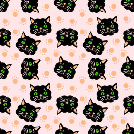 Seamless pattern with cat faces and paws. Perfect for scrapbooking, poster, textile and prints. Hand drawn illustration for decor and design.の写真素材