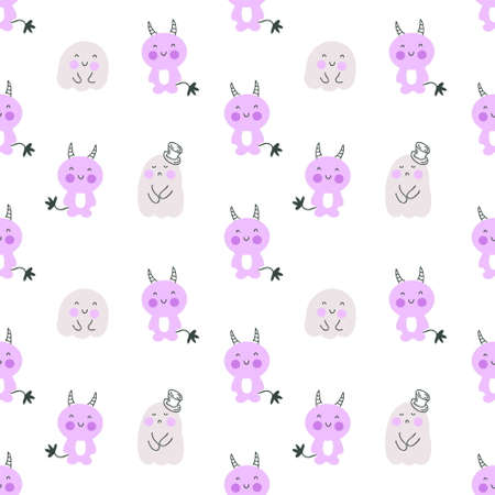 Halloween seamless pattern with ghosts and devils. Perfect for T-shirt, textile and prints. Hand drawn illustration for decor and design.の写真素材