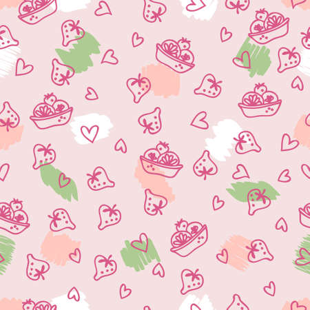 Doodle seamless pattern of sweet fruit cakes and strawberries. Perfect for scrapbooking, textile and prints. Hand drawn vector illustration for decor and design.のイラスト素材