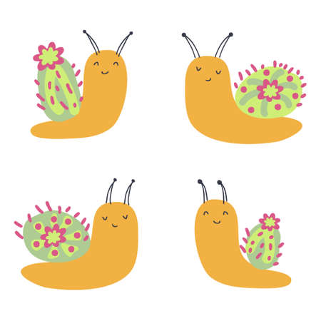 Hand drawn collection of snails with cactuses houses. Perfect for T-shirt, greeting card, poster, textile and prints. Doodle vector illustration for decor and design.のイラスト素材