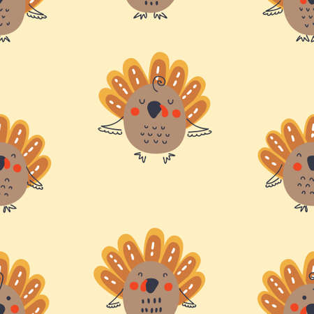 Thanksgiving hand drawn seamless pattern with turkeys. Perfect for T-shirt, postcard, textile and print. Doodle vector illustration for decor and design.のイラスト素材
