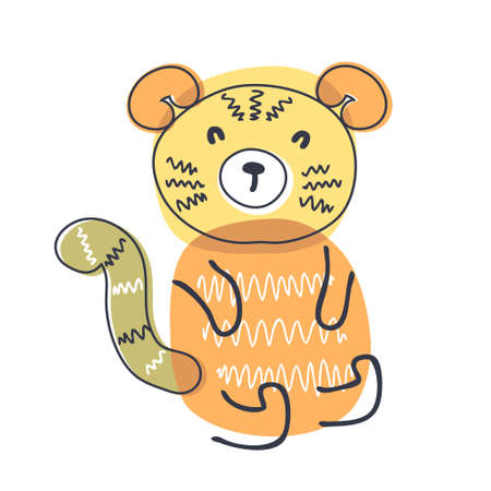 Hand drawn simple tiger doodle with abstract background spots. Perfect for T-shirt, poster, textile, print and greeting card. Vector illustration for decor and design.のイラスト素材