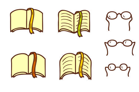 School university textbook and glass icons collection. Knowledge and education symbol doodle set. Hand drawn vector illustration for decor and design.のイラスト素材