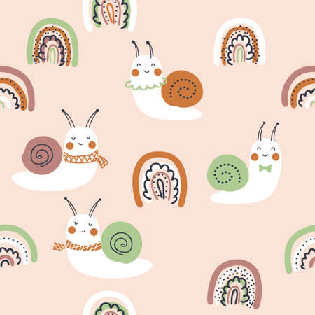 Hand drawn seamless pattern with snails and rainbows. Perfect for T-shirt, postcard, textile and print. Doodle vector illustration for decor and design.のイラスト素材