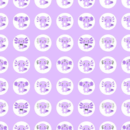 Cartoon style seamless pattern with axolotls in round shapes. Perfect for T-shirt, textile and prints. Hand drawn illustration for decor and design.の写真素材