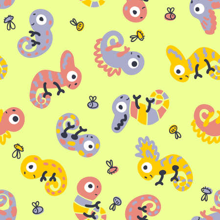 Hand drawn seamless pattern with chameleons and flies. Perfect for T-shirt, fabric, textile and print. Doodle vector illustration for decor and design.のイラスト素材