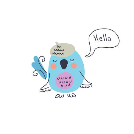 Cute blue bird say hello vector illustration. Hand drawn lilac breasted roller. Perfect for T-shirt,...