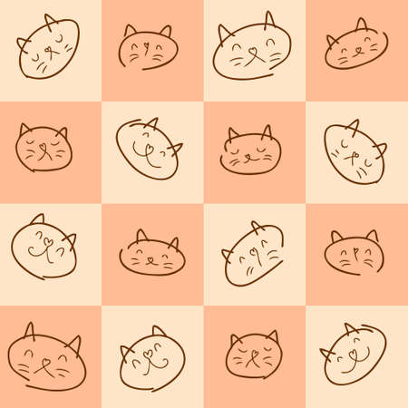 Doodle seamless pattern of kitty faces on a checkered background. Perfect for T-shirt, textile and print. Hand drawn vector illustration for decor and design.のイラスト素材